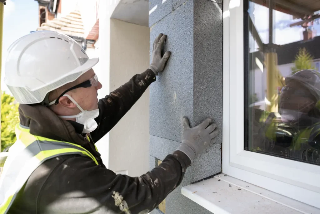 A construction worker wearing a white hard hat, work glasses, a hi-vis vest, a black hoodie and grey gloves is working on a house.